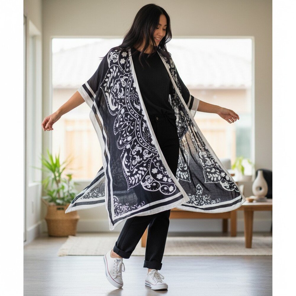 Yak & Yedi Black & White Gauzy Flowing Kimono Shawl Midi Coastal Cowgirl O/S - Picture 2 of 13